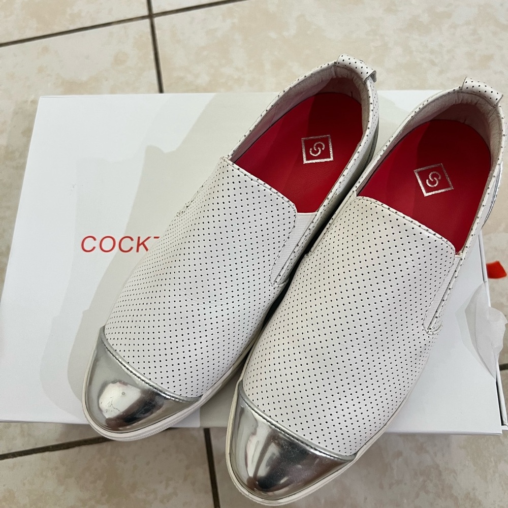 White and Silver Slip-On Sneakers with Mesh Upper